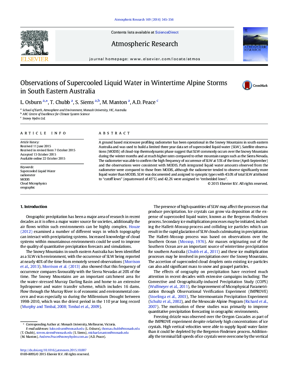 Observations of Supercooled Liquid Water in Wintertime Alpine Storms in South Eastern Australia