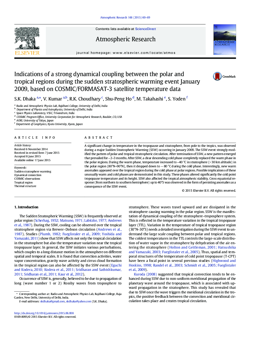 Indications of a strong dynamical coupling between the polar and tropical regions during the sudden stratospheric warming event January 2009, based on COSMIC/FORMASAT-3 satellite temperature data