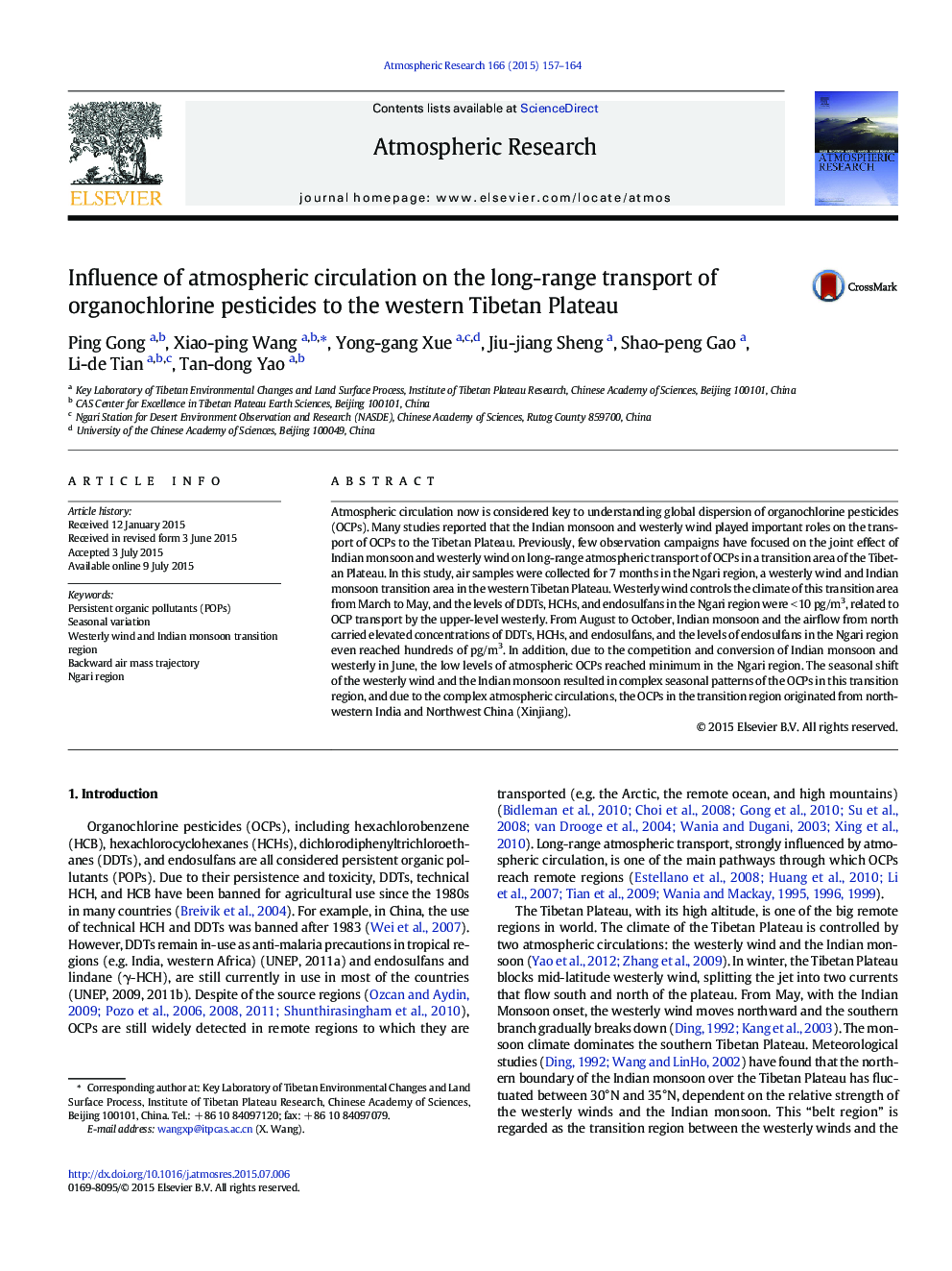 Influence of atmospheric circulation on the long-range transport of organochlorine pesticides to the western Tibetan Plateau