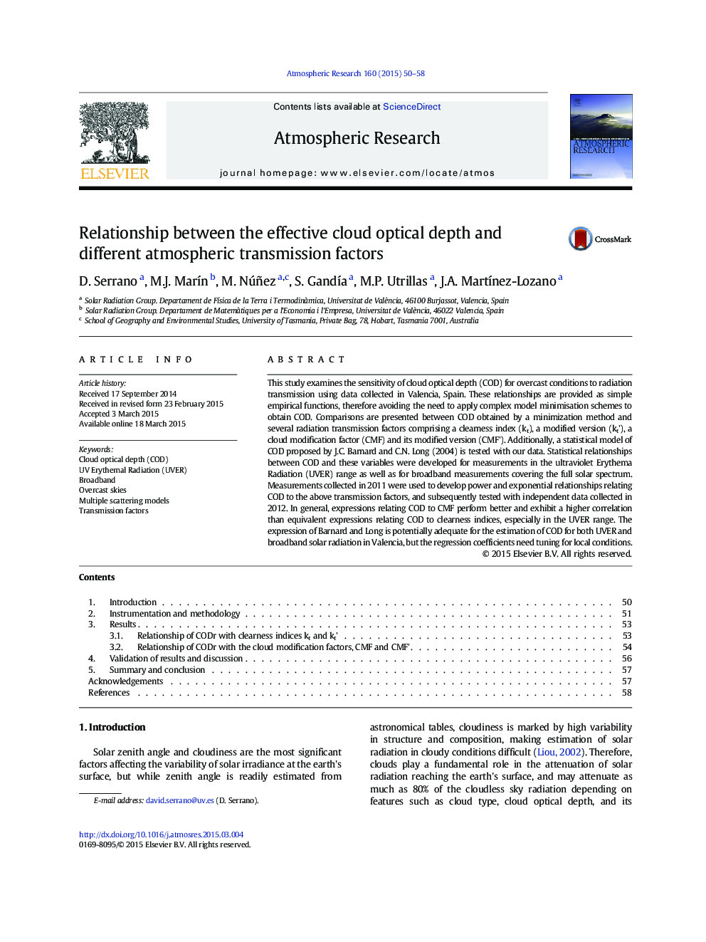 Relationship between the effective cloud optical depth and different atmospheric transmission factors