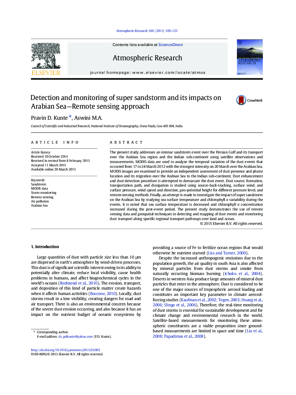 Detection and monitoring of super sandstorm and its impacts on Arabian Sea—Remote sensing approach