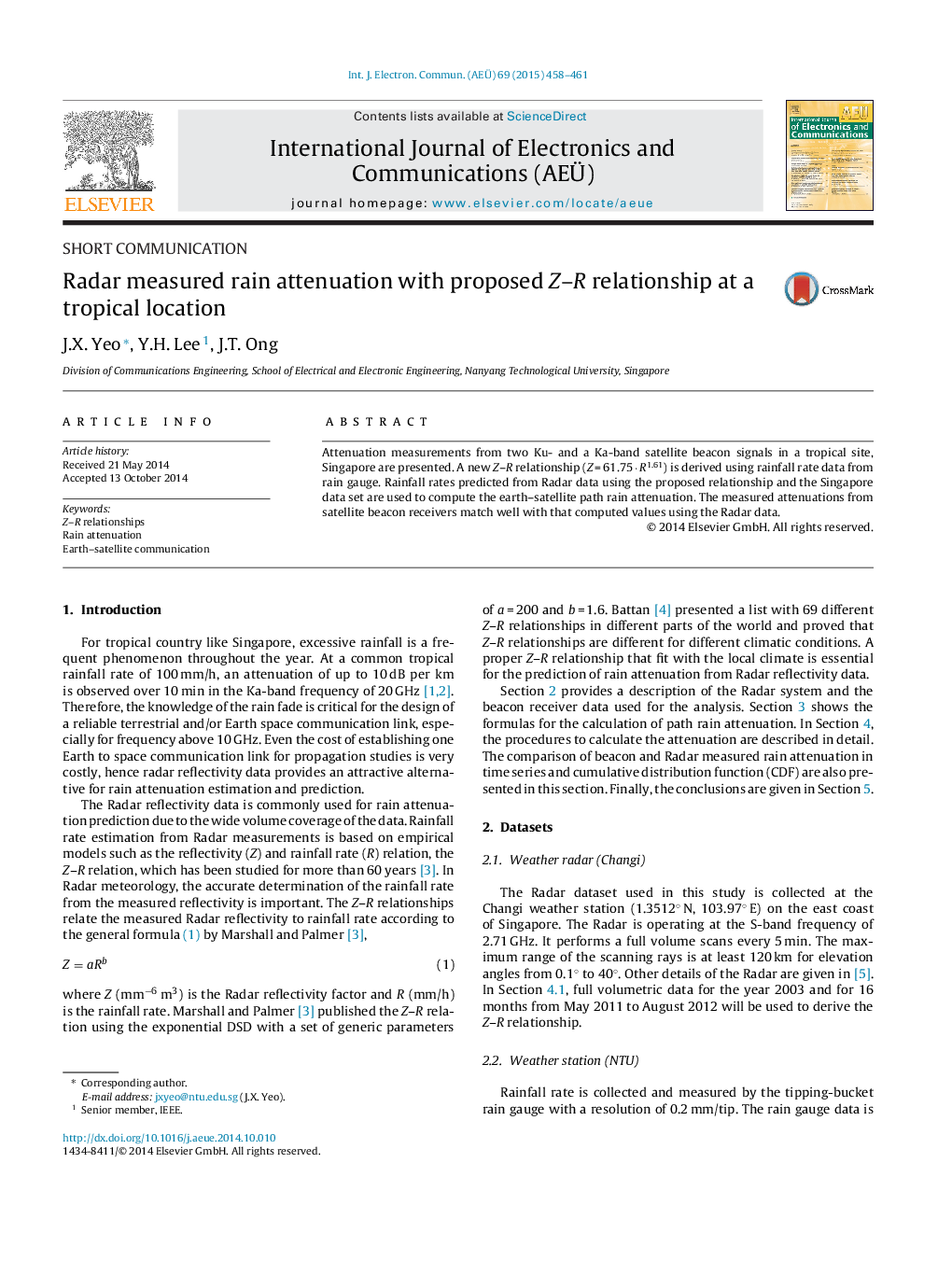 Radar measured rain attenuation with proposed Z–R relationship at a tropical location