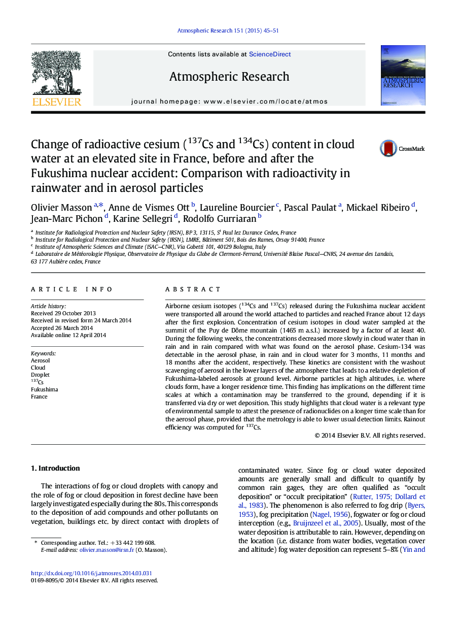 Change of radioactive cesium (137Cs and 134Cs) content in cloud water at an elevated site in France, before and after the Fukushima nuclear accident: Comparison with radioactivity in rainwater and in aerosol particles