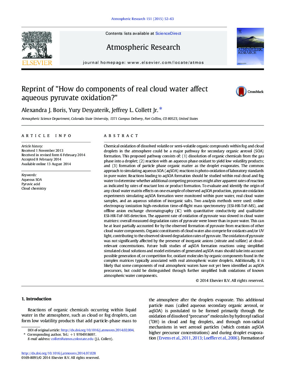 Reprint of "How do components of real cloud water affect aqueous pyruvate oxidation?"