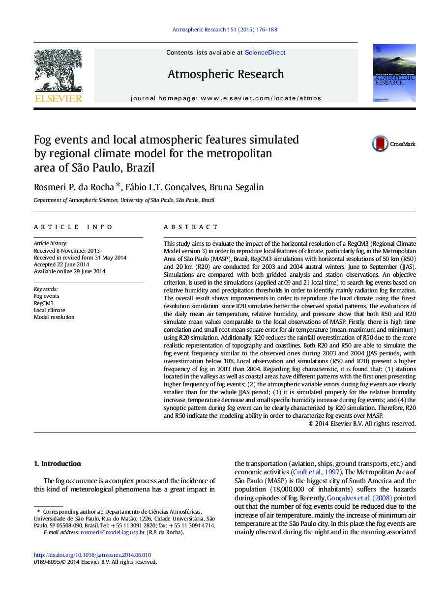 Fog events and local atmospheric features simulated by regional climate model for the metropolitan area of São Paulo, Brazil