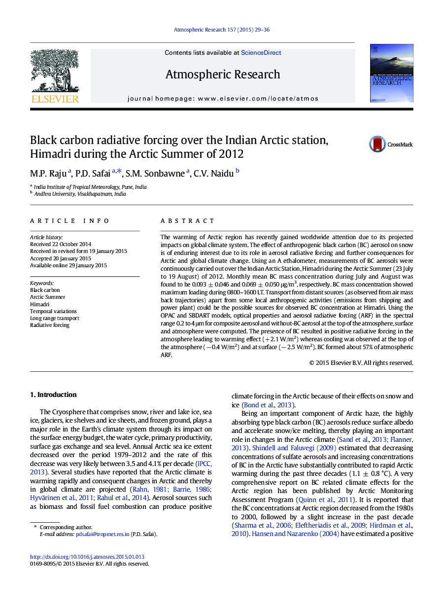 Black carbon radiative forcing over the Indian Arctic station, Himadri during the Arctic Summer of 2012