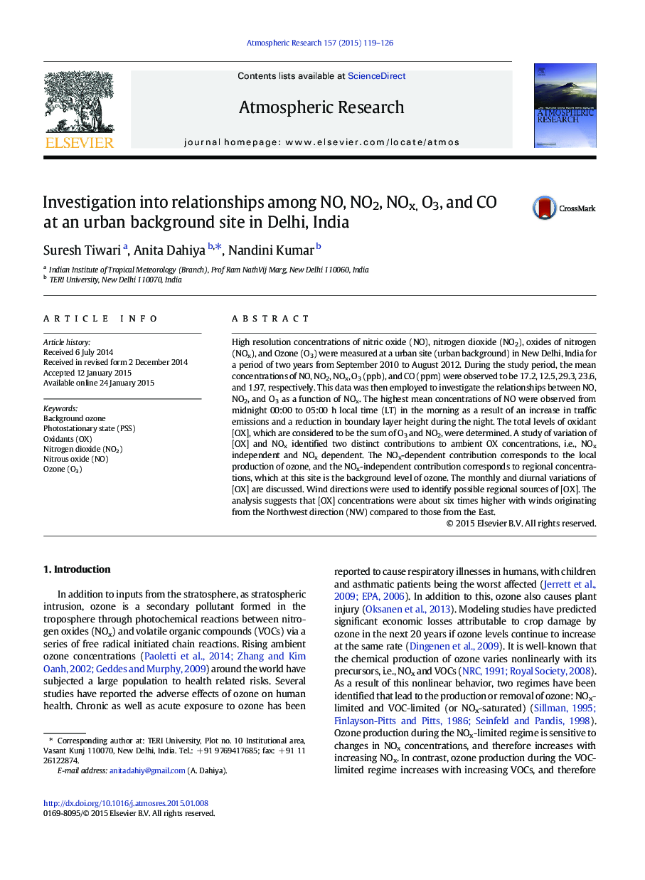 Investigation into relationships among NO, NO2, NOx, O3, and CO at an urban background site in Delhi, India