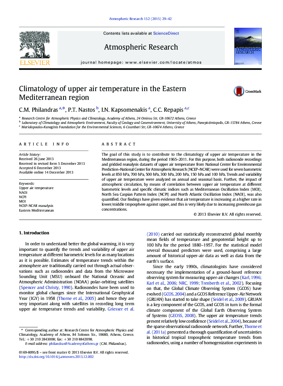 Climatology of upper air temperature in the Eastern Mediterranean region