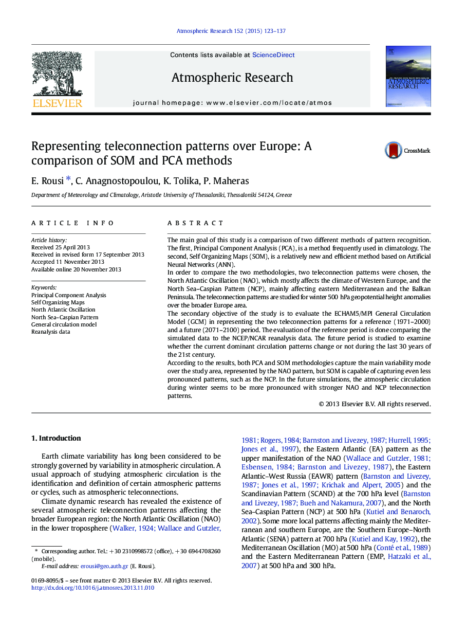Representing teleconnection patterns over Europe: A comparison of SOM and PCA methods