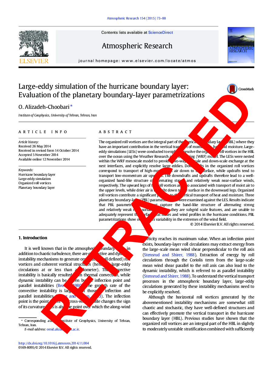 RETRACTED: Large-eddy simulation of the hurricane boundary layer: Evaluation of the planetary boundary-layer parametrizations