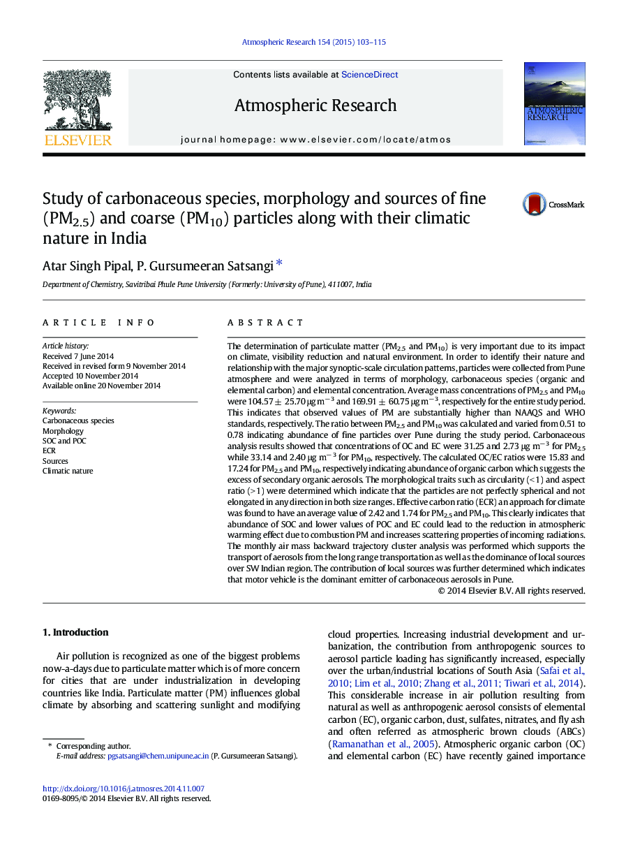 Study of carbonaceous species, morphology and sources of fine (PM2.5) and coarse (PM10) particles along with their climatic nature in India