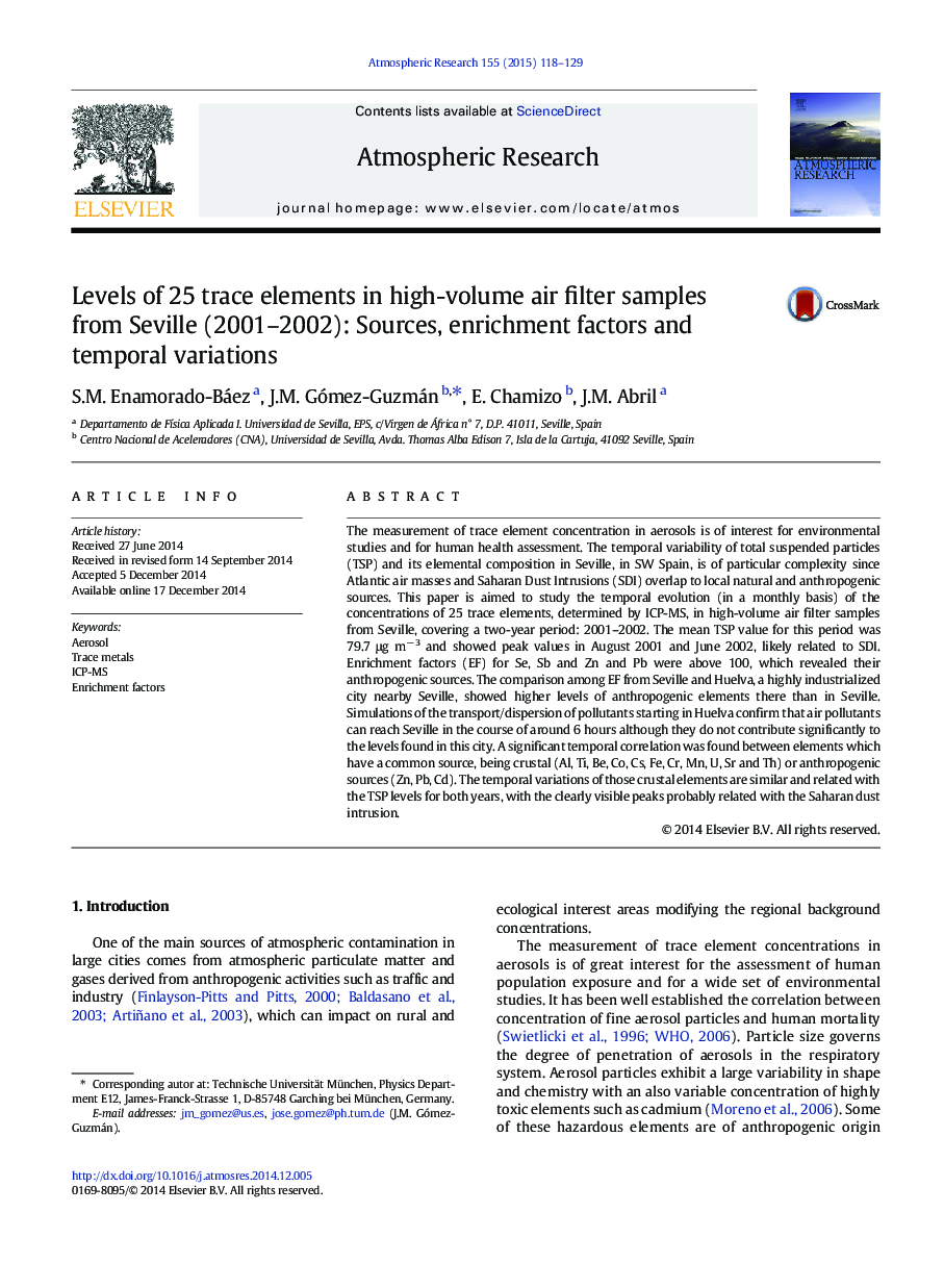 Levels of 25 trace elements in high-volume air filter samples from Seville (2001–2002): Sources, enrichment factors and temporal variations