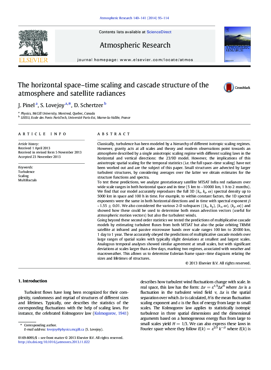 The horizontal space–time scaling and cascade structure of the atmosphere and satellite radiances