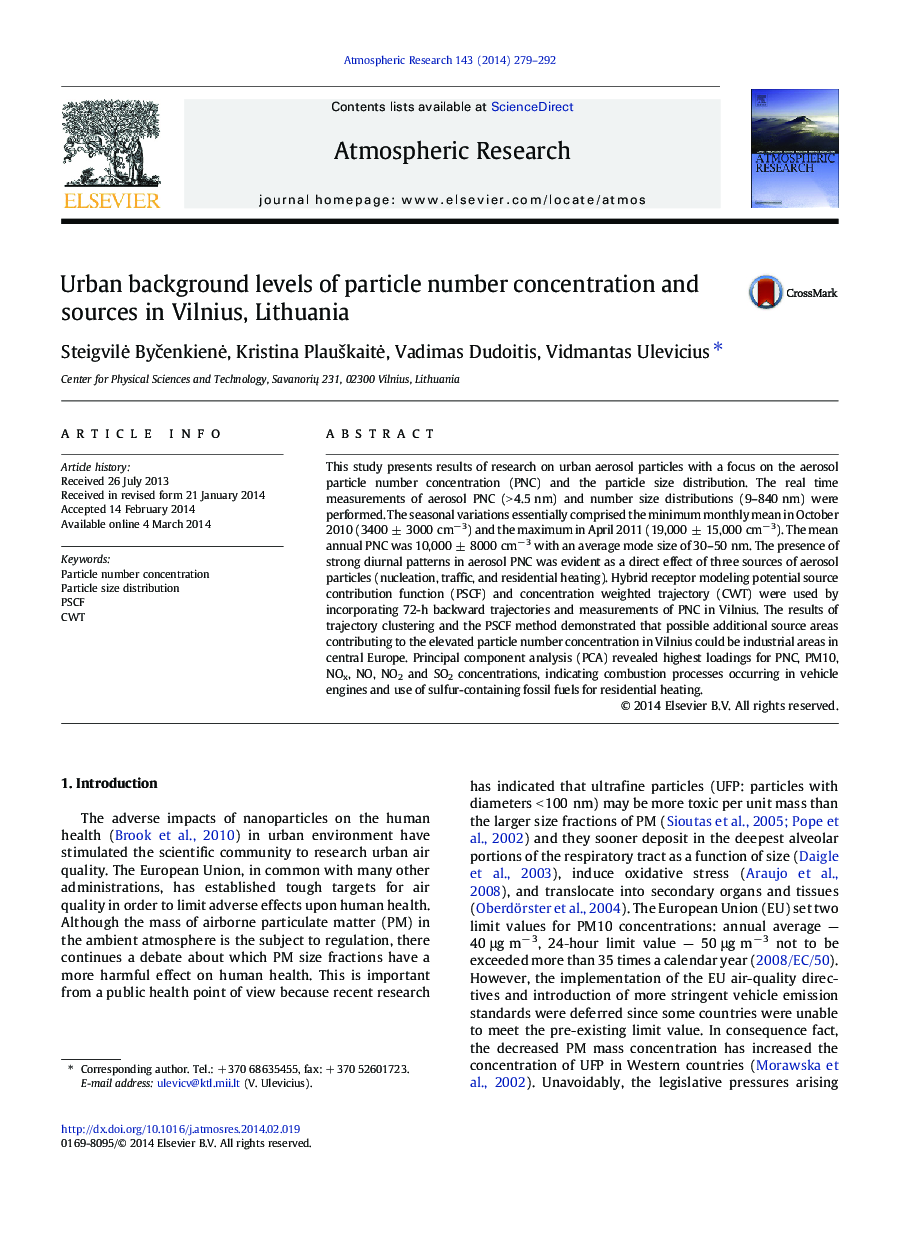 Urban background levels of particle number concentration and sources in Vilnius, Lithuania