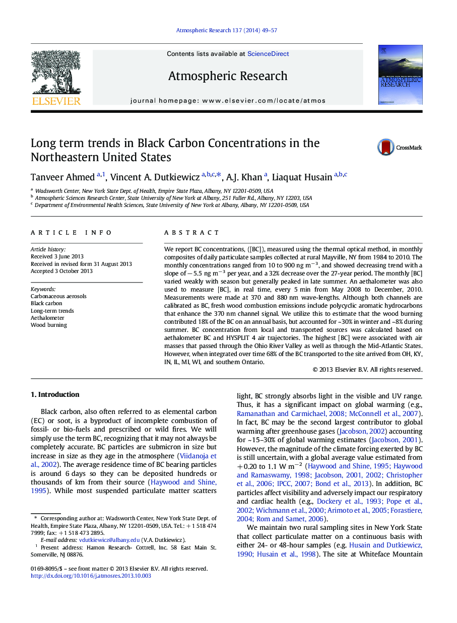 Long term trends in Black Carbon Concentrations in the Northeastern United States