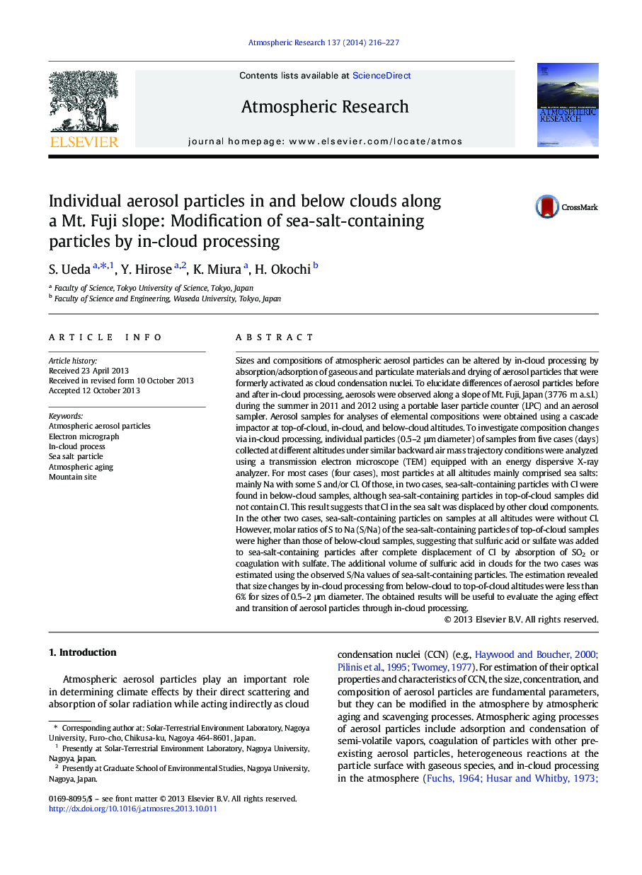 Individual aerosol particles in and below clouds along a Mt. Fuji slope: Modification of sea-salt-containing particles by in-cloud processing