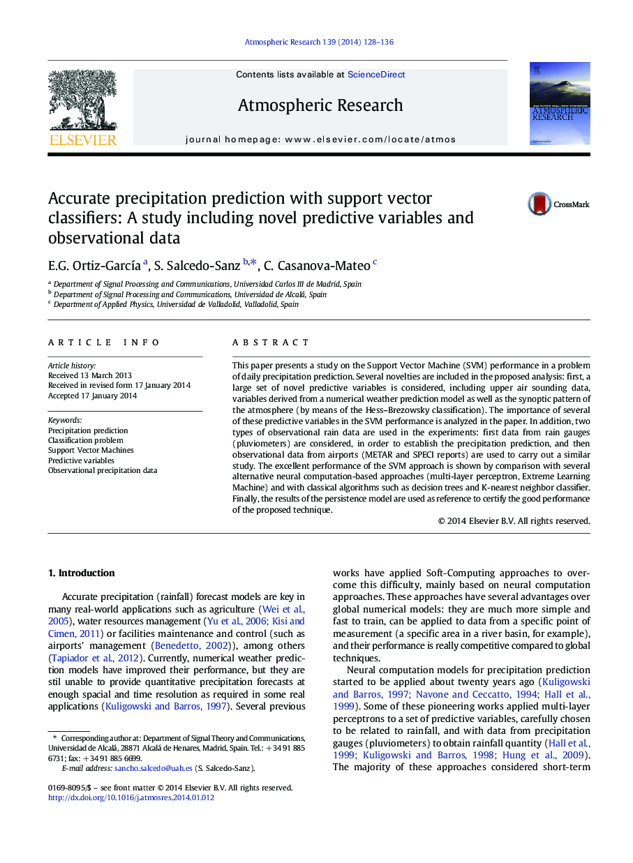 Accurate precipitation prediction with support vector classifiers: A study including novel predictive variables and observational data