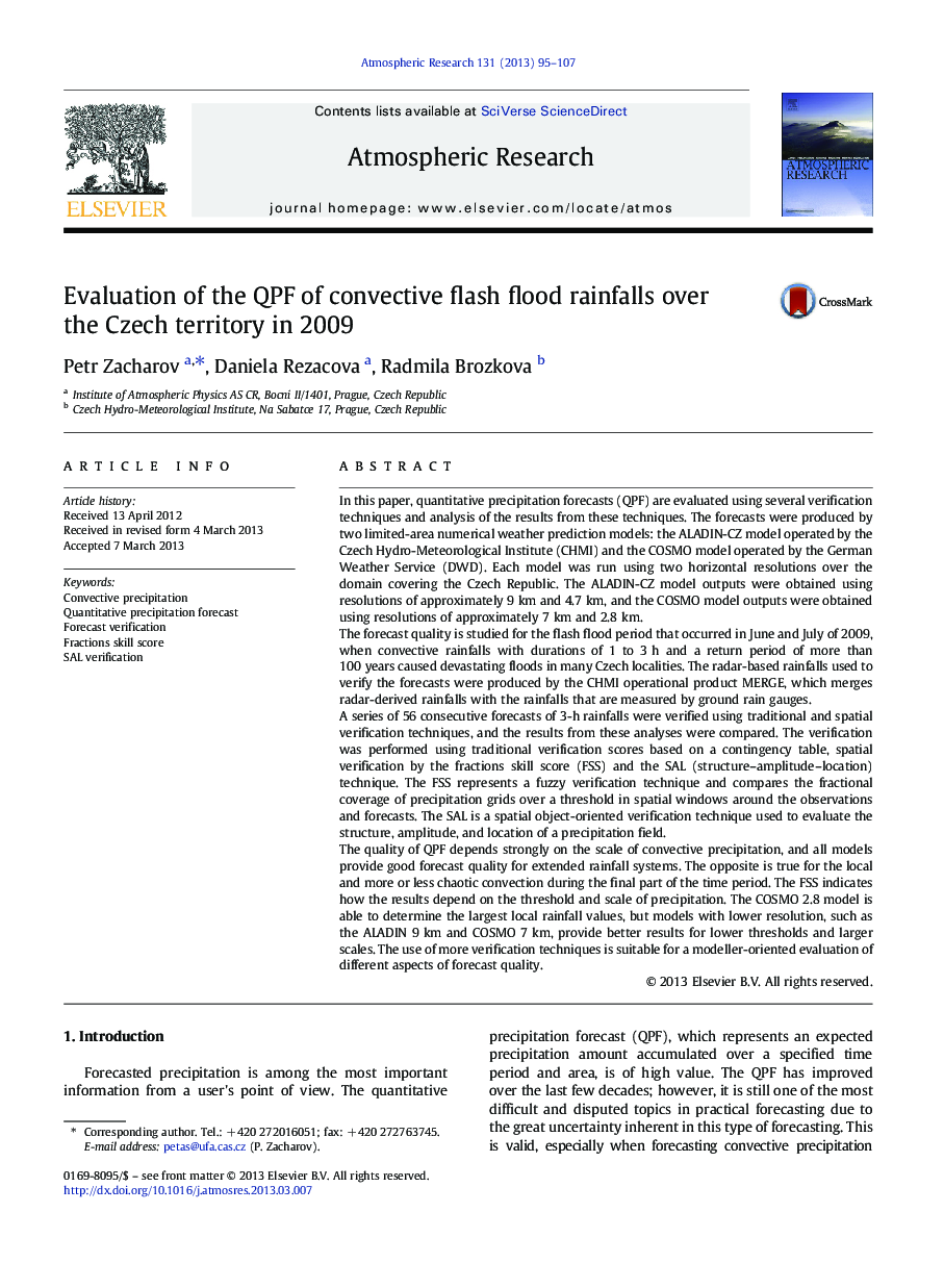 Evaluation of the QPF of convective flash flood rainfalls over the Czech territory in 2009