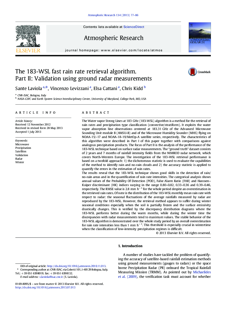 The 183-WSL fast rain rate retrieval algorithm. Part II: Validation using ground radar measurements