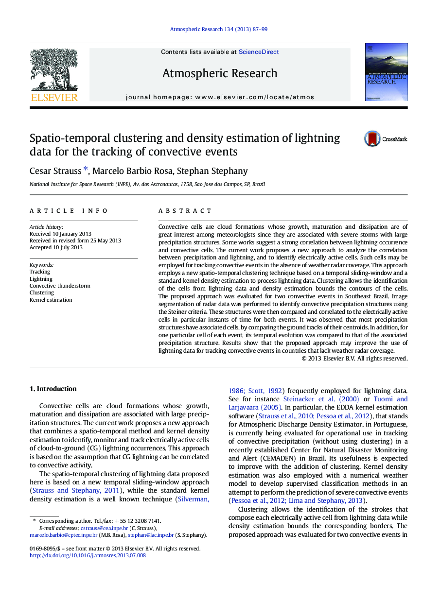 Spatio-temporal clustering and density estimation of lightning data for the tracking of convective events