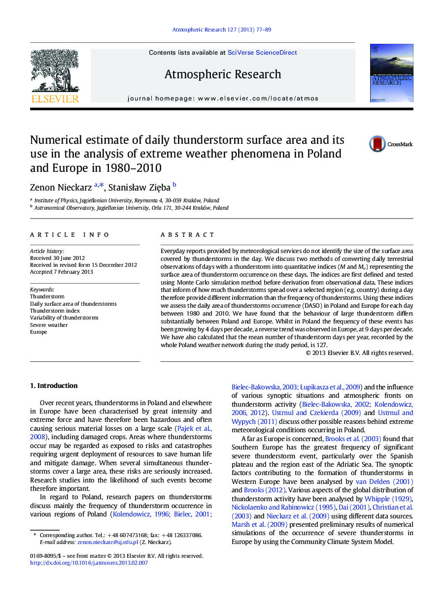 Numerical estimate of daily thunderstorm surface area and its use in the analysis of extreme weather phenomena in Poland and Europe in 1980–2010