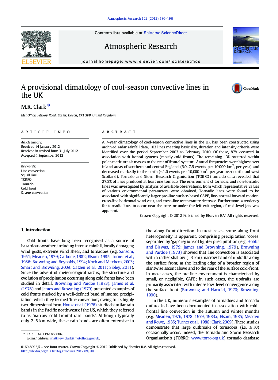 A provisional climatology of cool-season convective lines in the UK