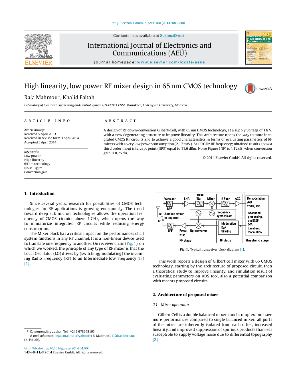 High linearity, low power RF mixer design in 65 nm CMOS technology