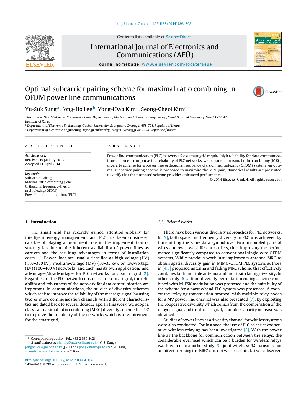 Optimal subcarrier pairing scheme for maximal ratio combining in OFDM power line communications