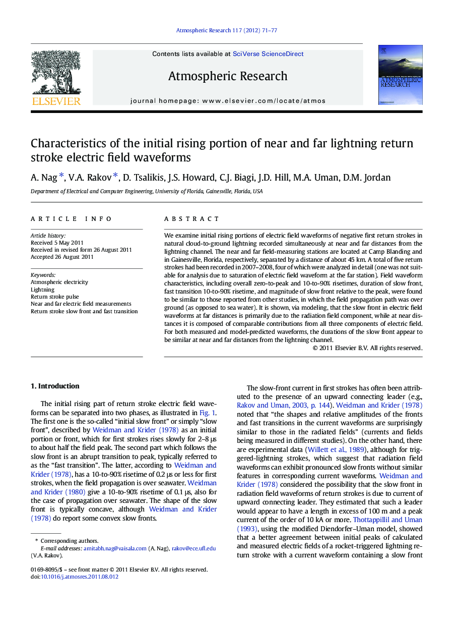عکس صفحه اول مقاله: Characteristics of the initial rising portion of near and far lightning return stroke electric field waveforms Characteristics of the initial rising portion of near and far lightning return stroke electric field waveforms