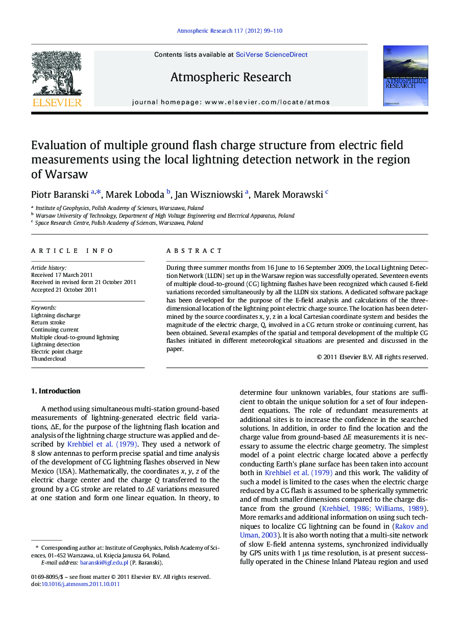 Evaluation of multiple ground flash charge structure from electric field measurements using the local lightning detection network in the region of Warsaw