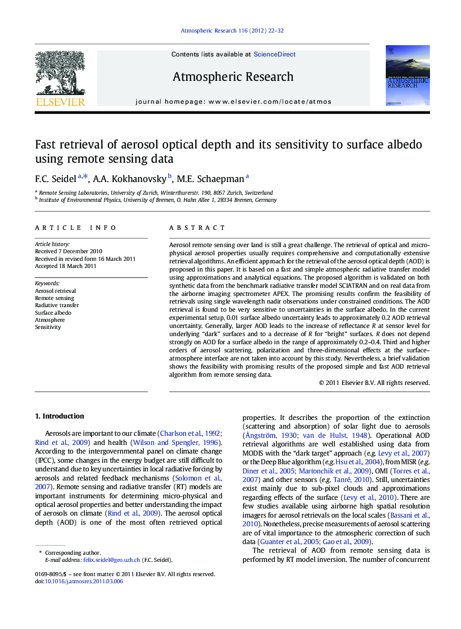 Fast retrieval of aerosol optical depth and its sensitivity to surface albedo using remote sensing data