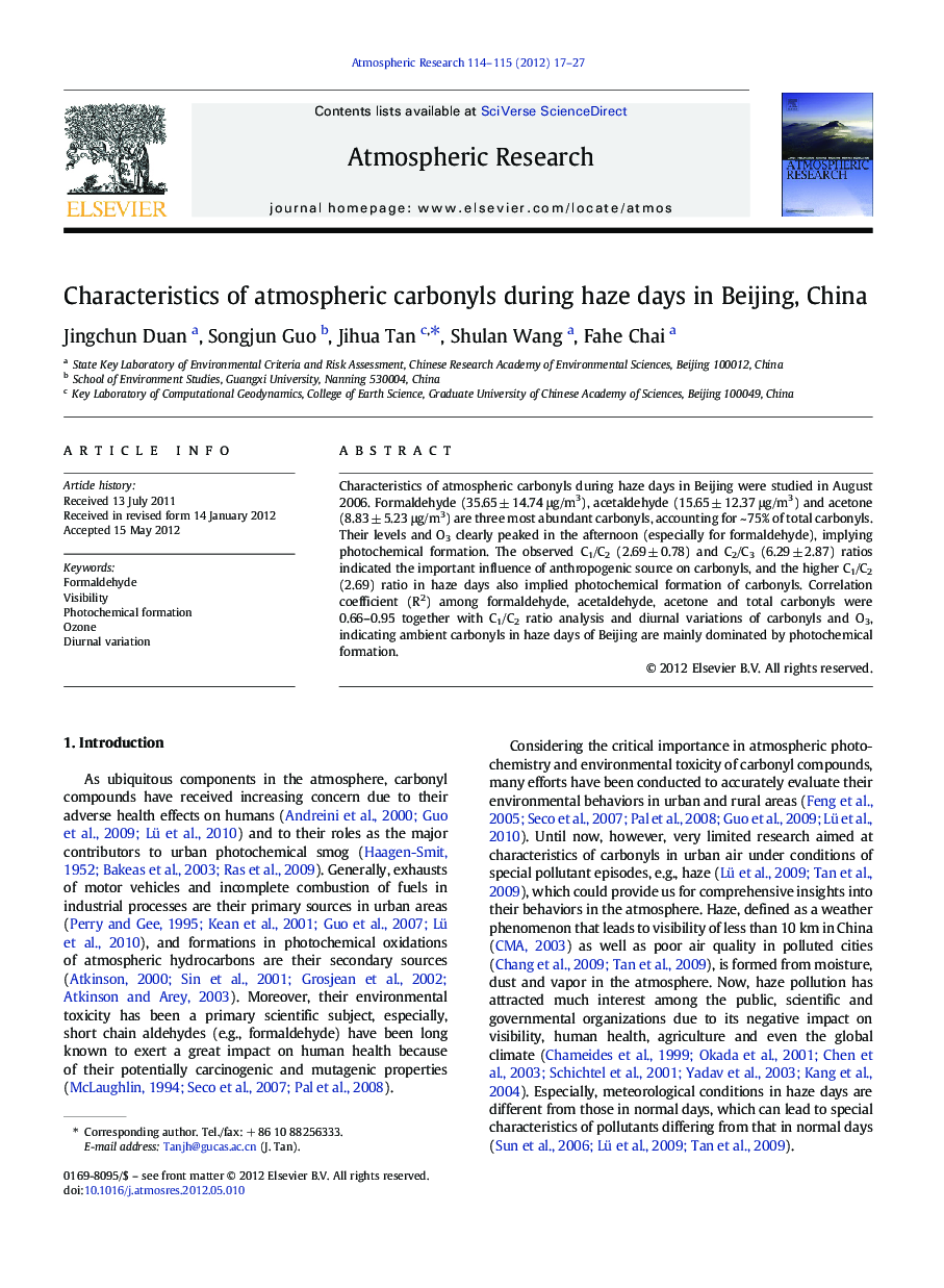 Characteristics of atmospheric carbonyls during haze days in Beijing, China