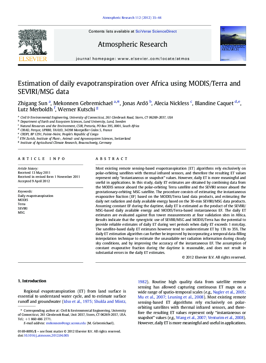 Estimation of daily evapotranspiration over Africa using MODIS/Terra and SEVIRI/MSG data