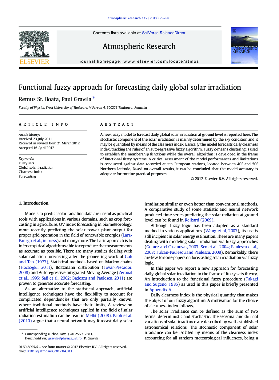 Functional fuzzy approach for forecasting daily global solar irradiation