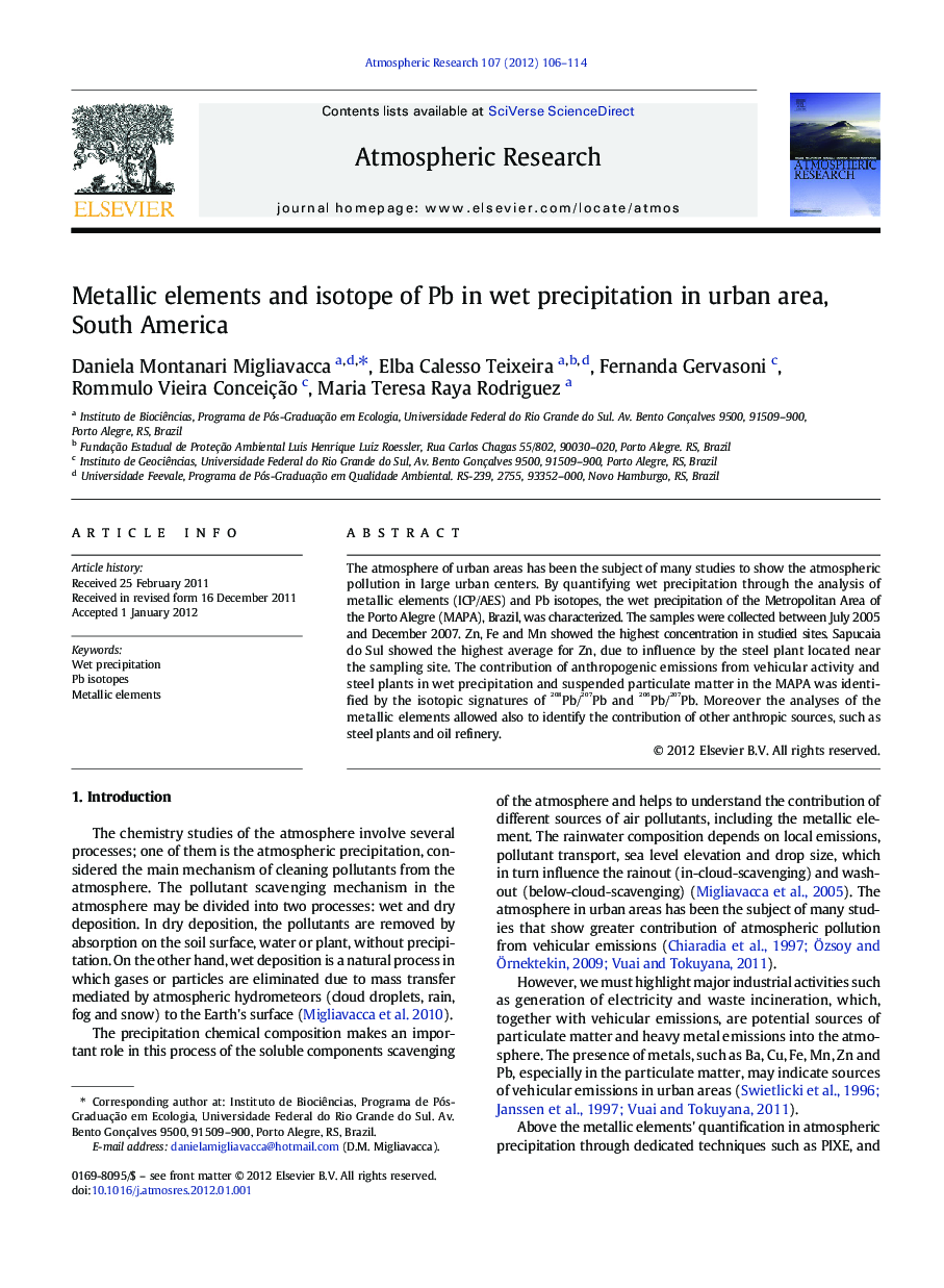 Metallic elements and isotope of Pb in wet precipitation in urban area, South America