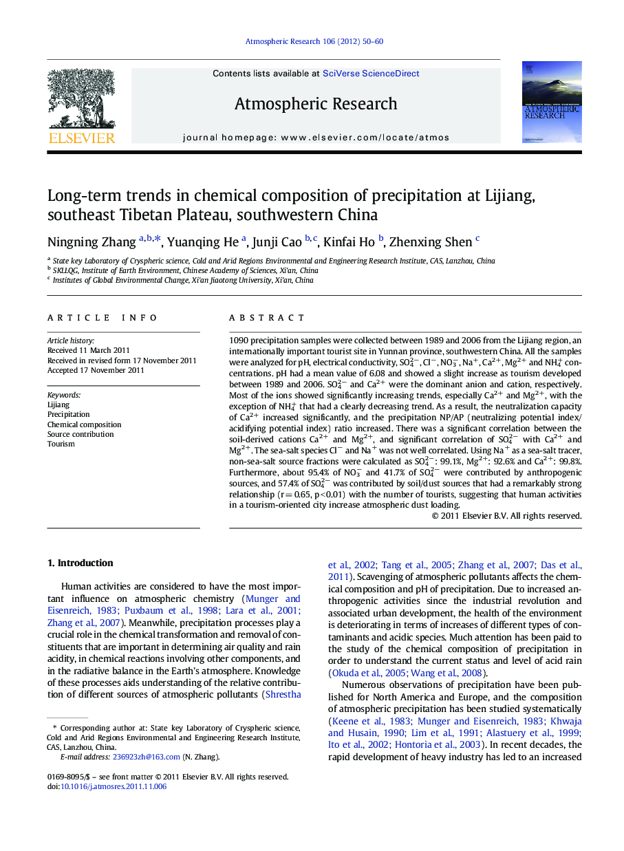 Long-term trends in chemical composition of precipitation at Lijiang, southeast Tibetan Plateau, southwestern China