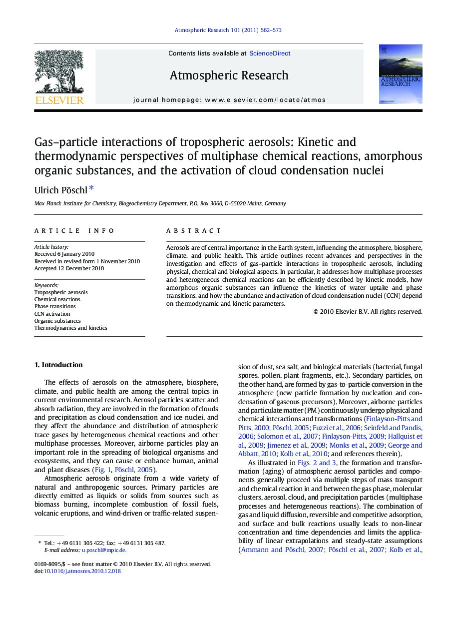 Gas–particle interactions of tropospheric aerosols: Kinetic and thermodynamic perspectives of multiphase chemical reactions, amorphous organic substances, and the activation of cloud condensation nuclei