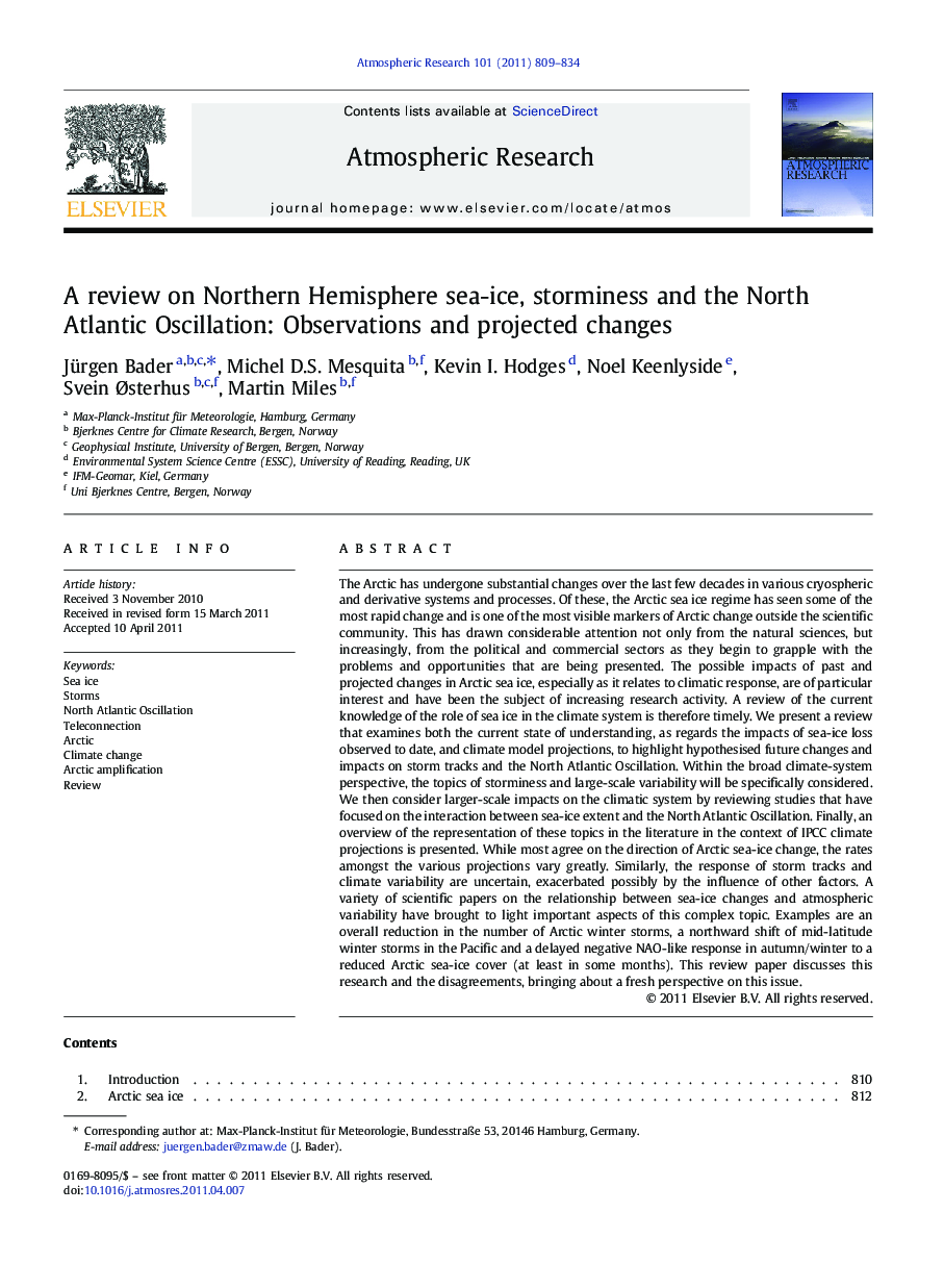 A review on Northern Hemisphere sea-ice, storminess and the North Atlantic Oscillation: Observations and projected changes