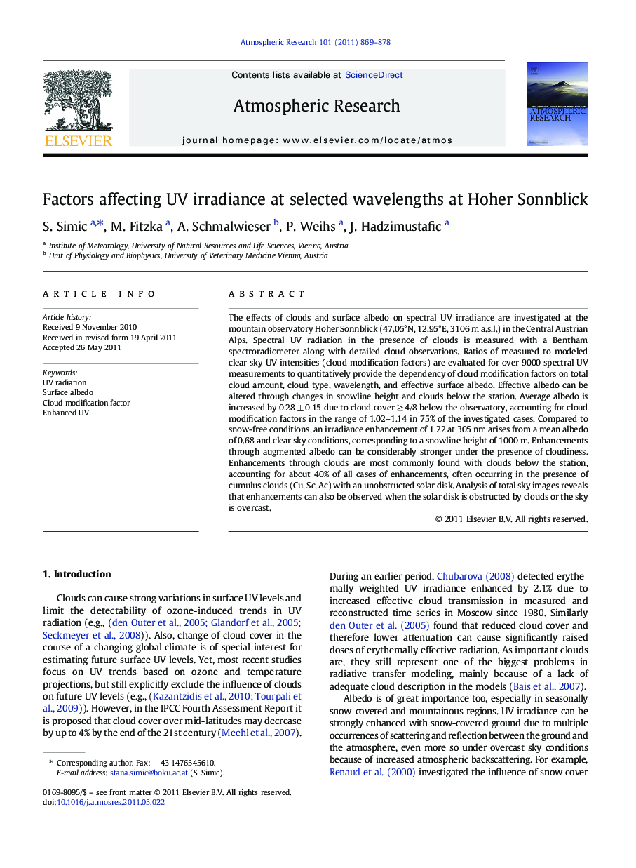 Factors affecting UV irradiance at selected wavelengths at Hoher Sonnblick