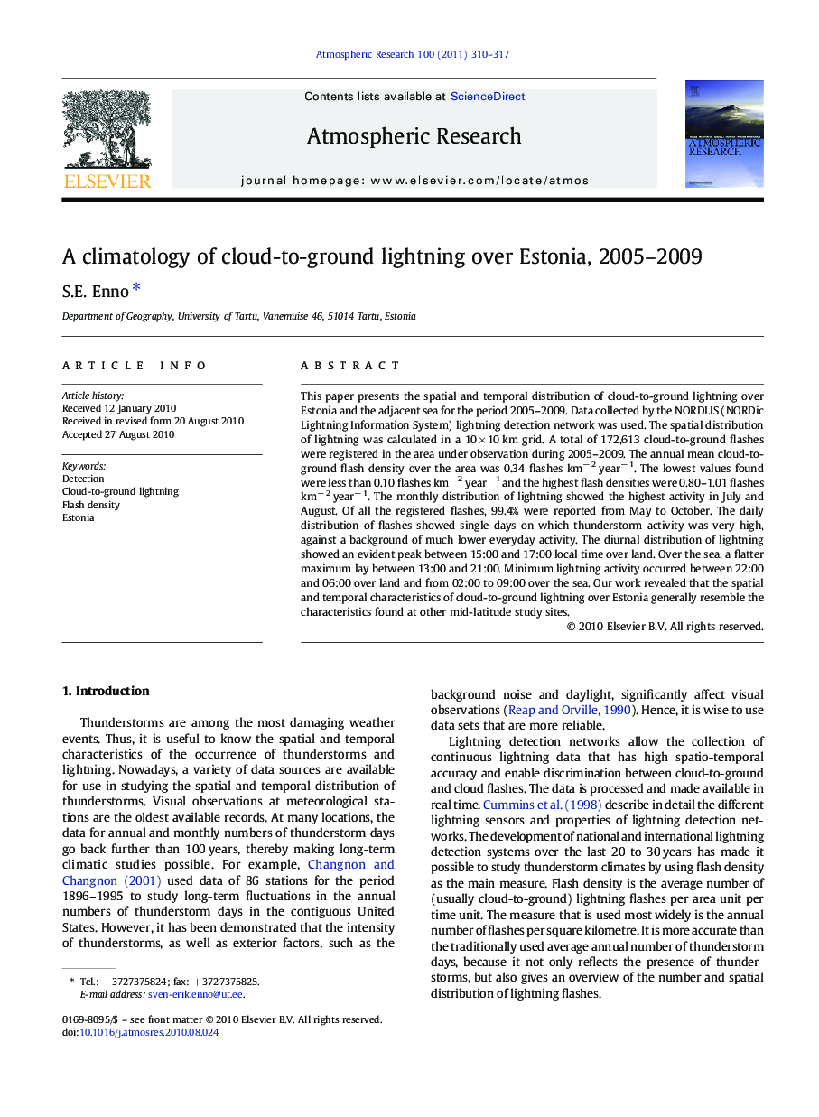 A climatology of cloud-to-ground lightning over Estonia, 2005–2009