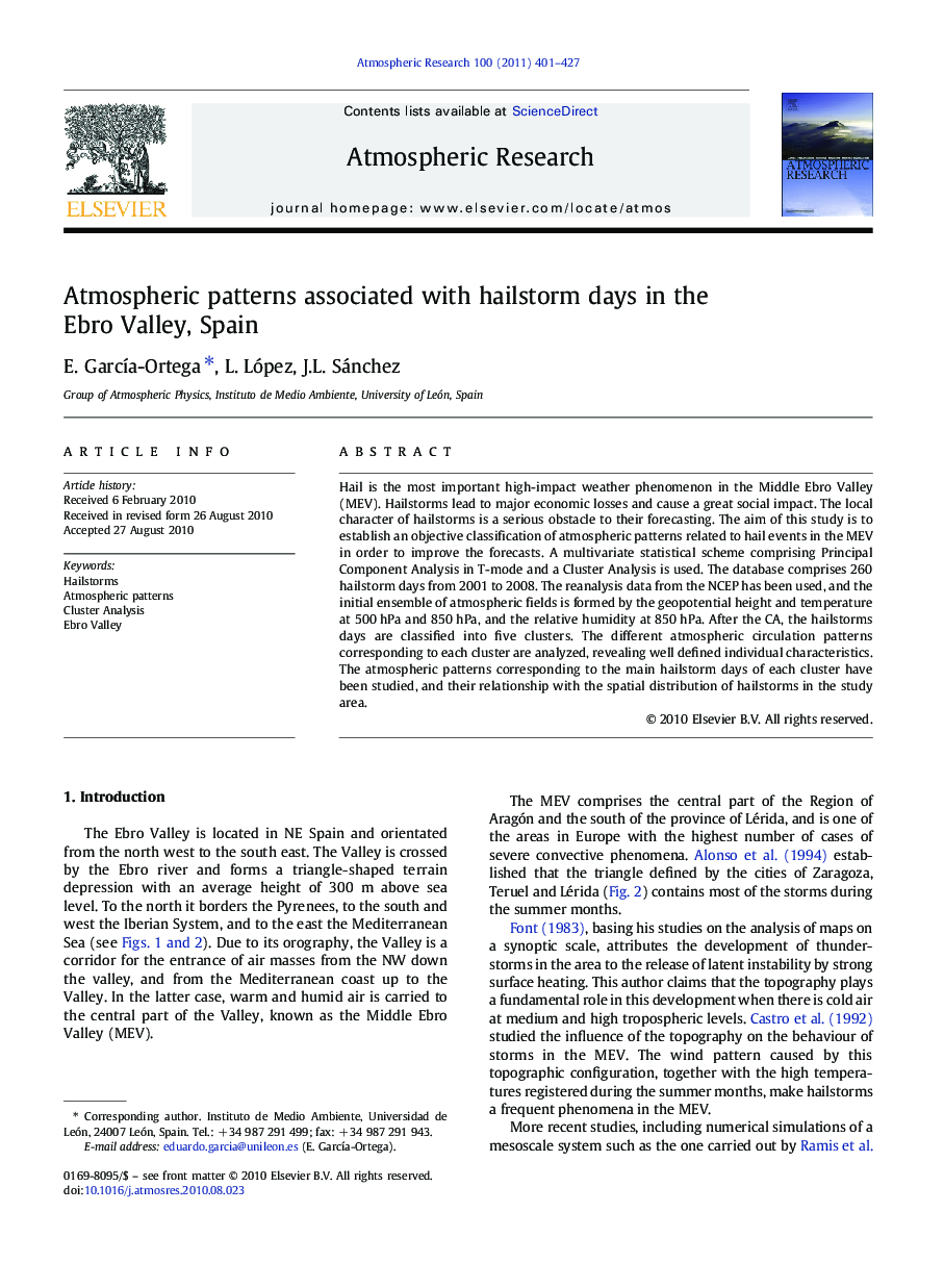 Atmospheric patterns associated with hailstorm days in the Ebro Valley, Spain