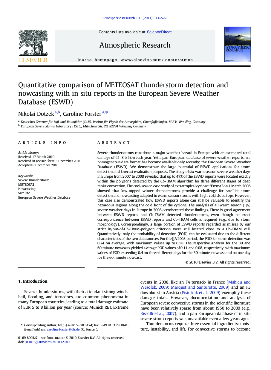 Quantitative comparison of METEOSAT thunderstorm detection and nowcasting with in situ reports in the European Severe Weather Database (ESWD)
