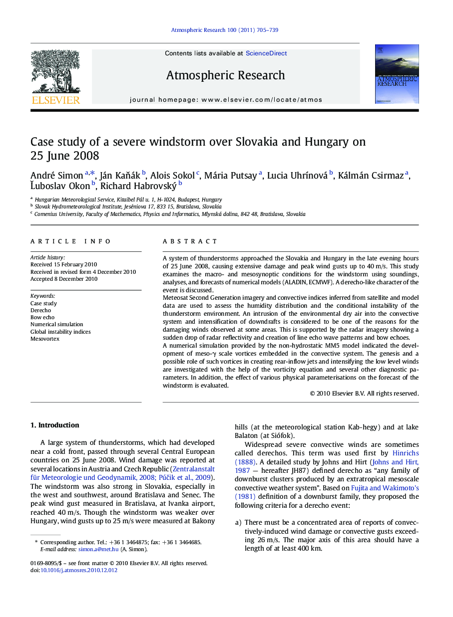 Case study of a severe windstorm over Slovakia and Hungary on 25 June 2008