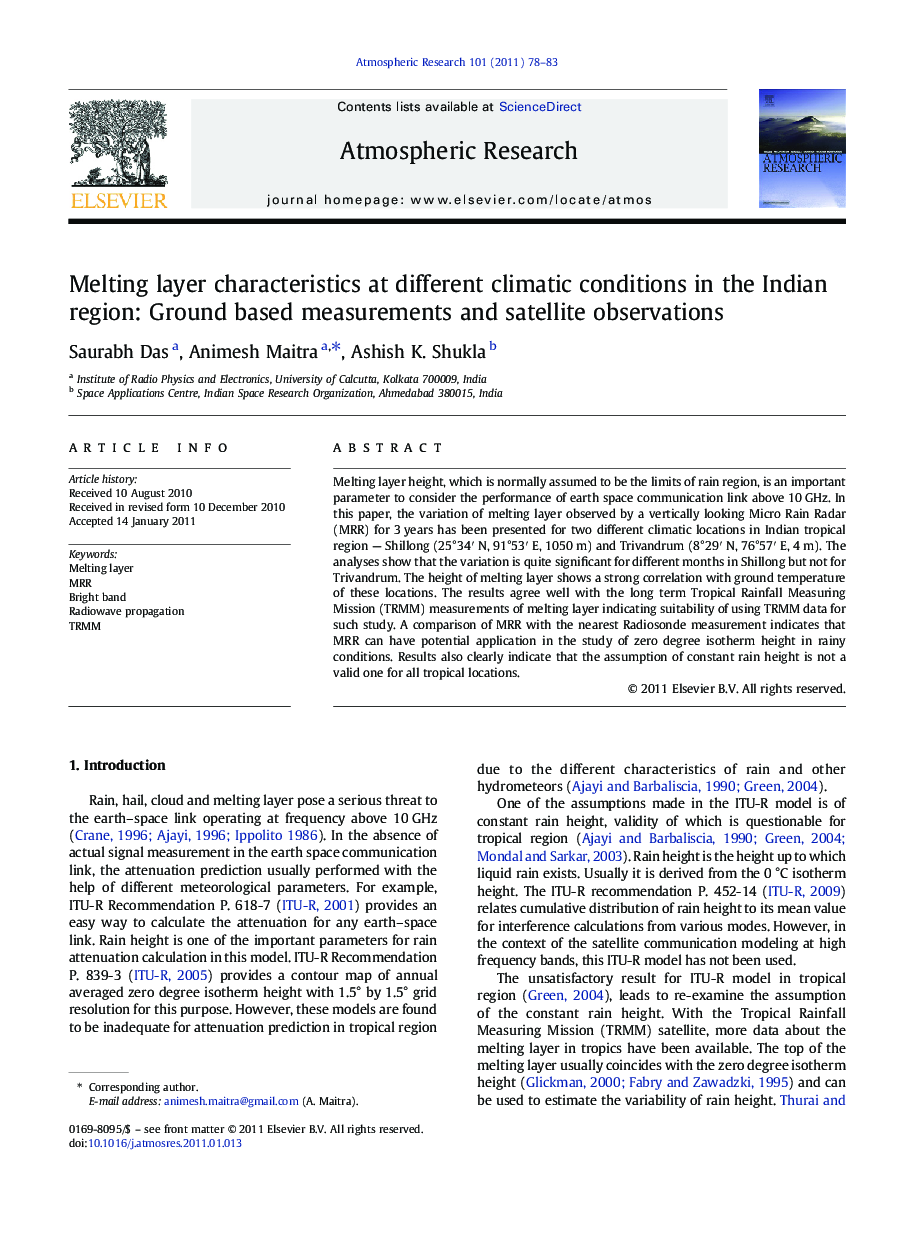 Melting layer characteristics at different climatic conditions in the Indian region: Ground based measurements and satellite observations