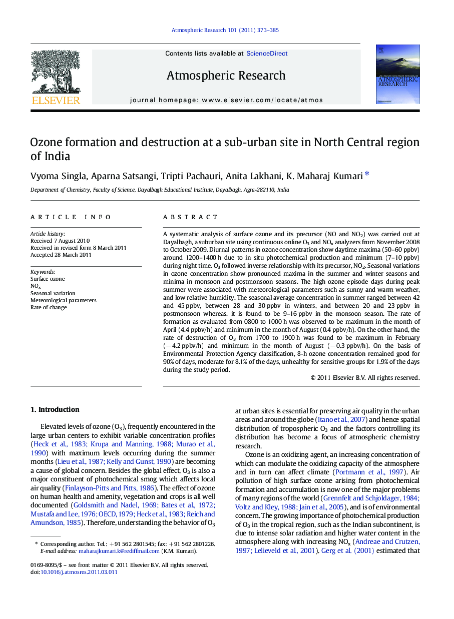 Ozone formation and destruction at a sub-urban site in North Central region of India