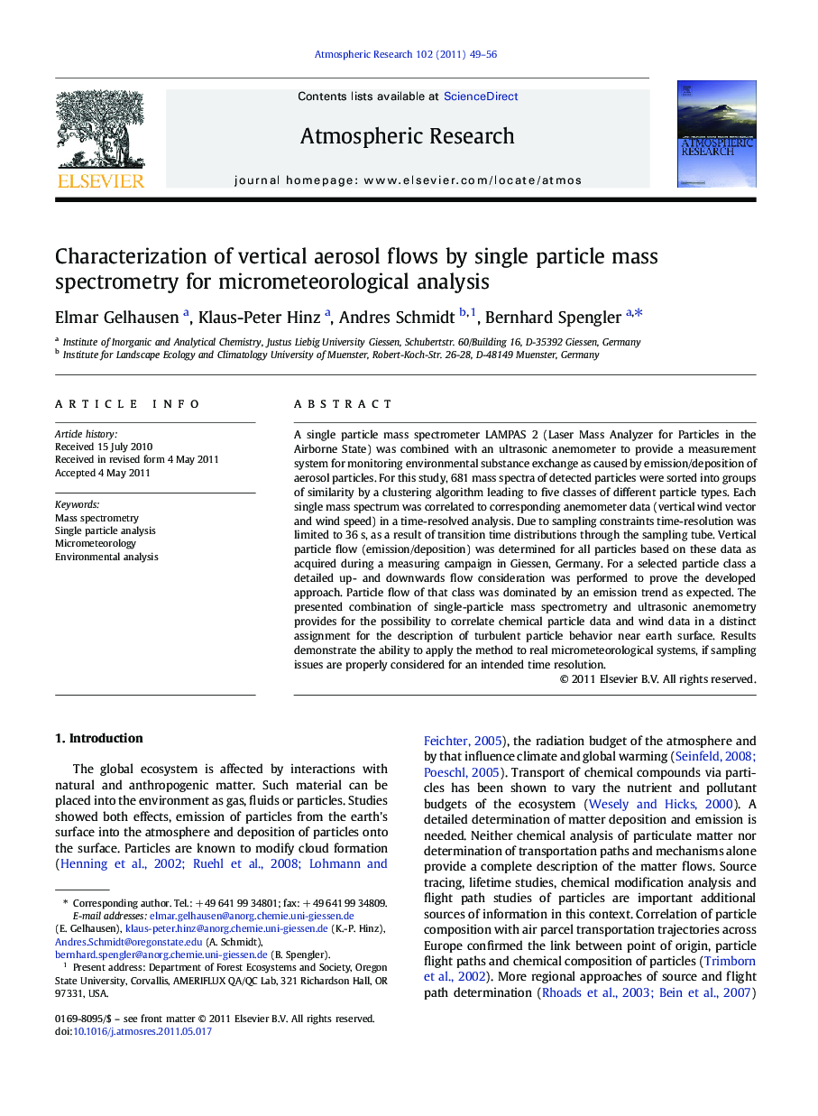 Characterization of vertical aerosol flows by single particle mass spectrometry for micrometeorological analysis