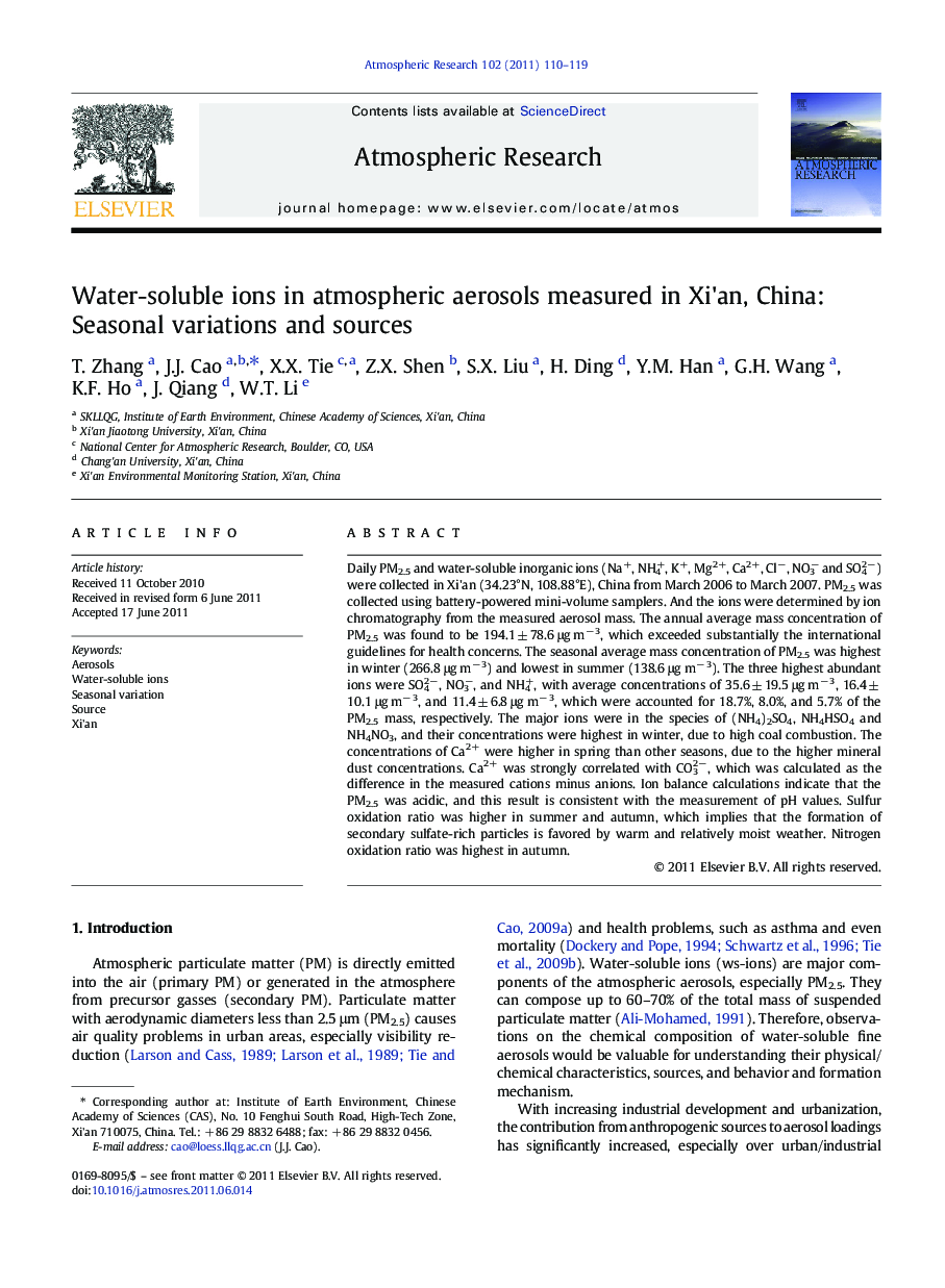 Water-soluble ions in atmospheric aerosols measured in Xi'an, China: Seasonal variations and sources