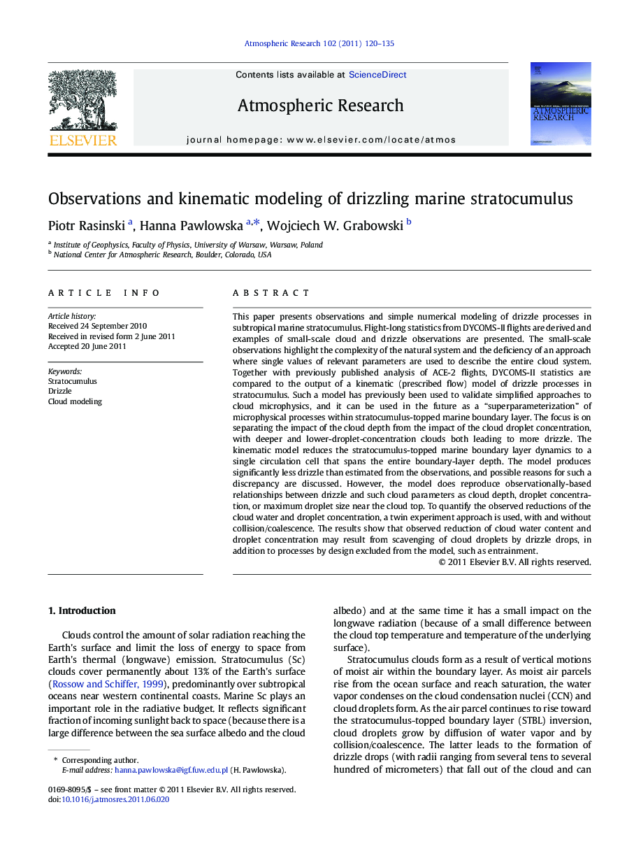 Observations and kinematic modeling of drizzling marine stratocumulus