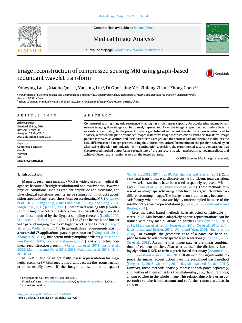 Image reconstruction of compressed sensing MRI using graph-based redundant wavelet transform