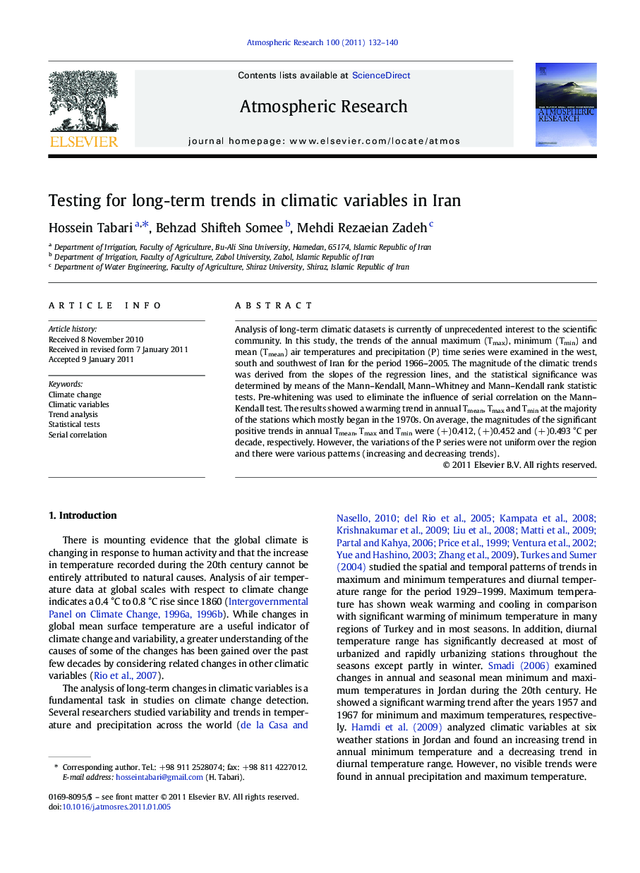 Testing for long-term trends in climatic variables in Iran